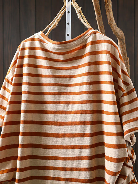 Casual Summer O-Neck Shirt Stripe Colorblock Women Cotton FashionChic
