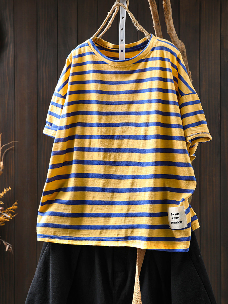Casual Summer O-Neck Shirt Stripe Colorblock Women Cotton FashionChic