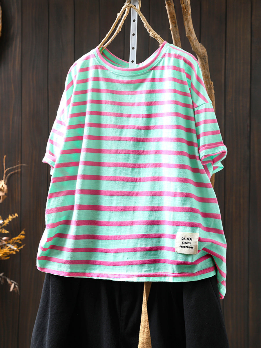 Casual Summer O-Neck Shirt Stripe Colorblock Women Cotton FashionChic