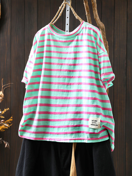 Casual Summer O-Neck Shirt Stripe Colorblock Women Cotton FashionChic