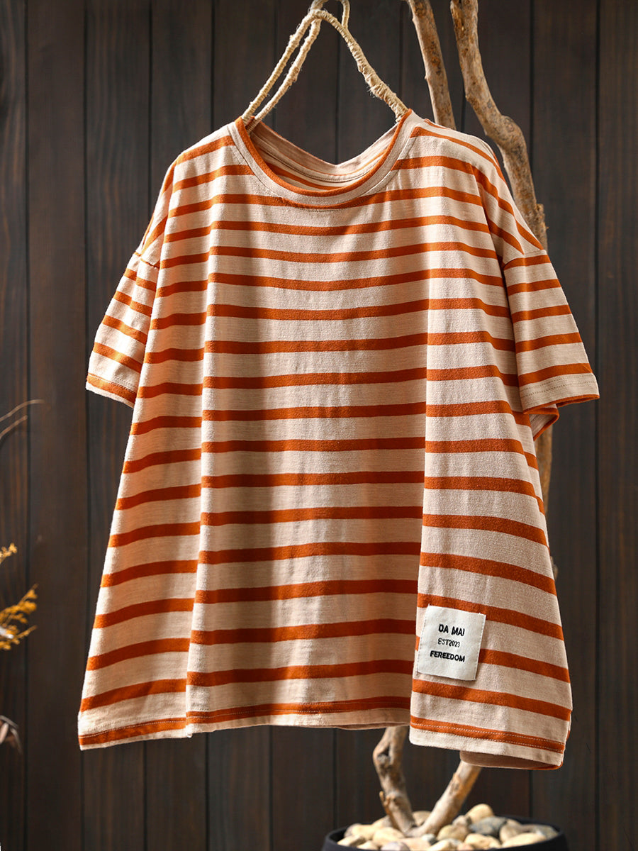 Casual Summer O-Neck Shirt Stripe Colorblock Women Cotton FashionChic