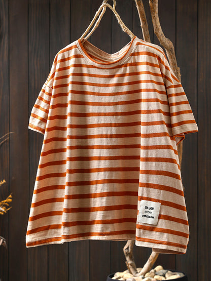 Casual Summer O-Neck Shirt Stripe Colorblock Women Cotton FashionChic