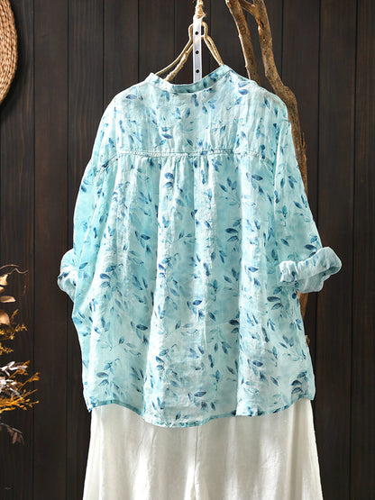 Flower Collar Shirt Women Summer 100%Ramie Stand Artsy FashionChic