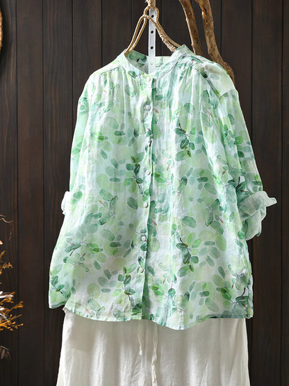 Flower Collar Shirt Women Summer 100%Ramie Stand Artsy FashionChic