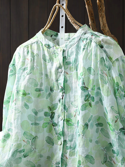 Flower Collar Shirt Women Summer 100%Ramie Stand Artsy FashionChic