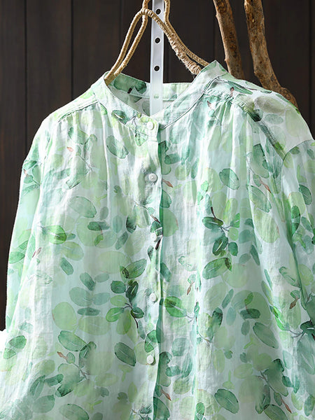 Flower Collar Shirt Women Summer 100%Ramie Stand Artsy FashionChic