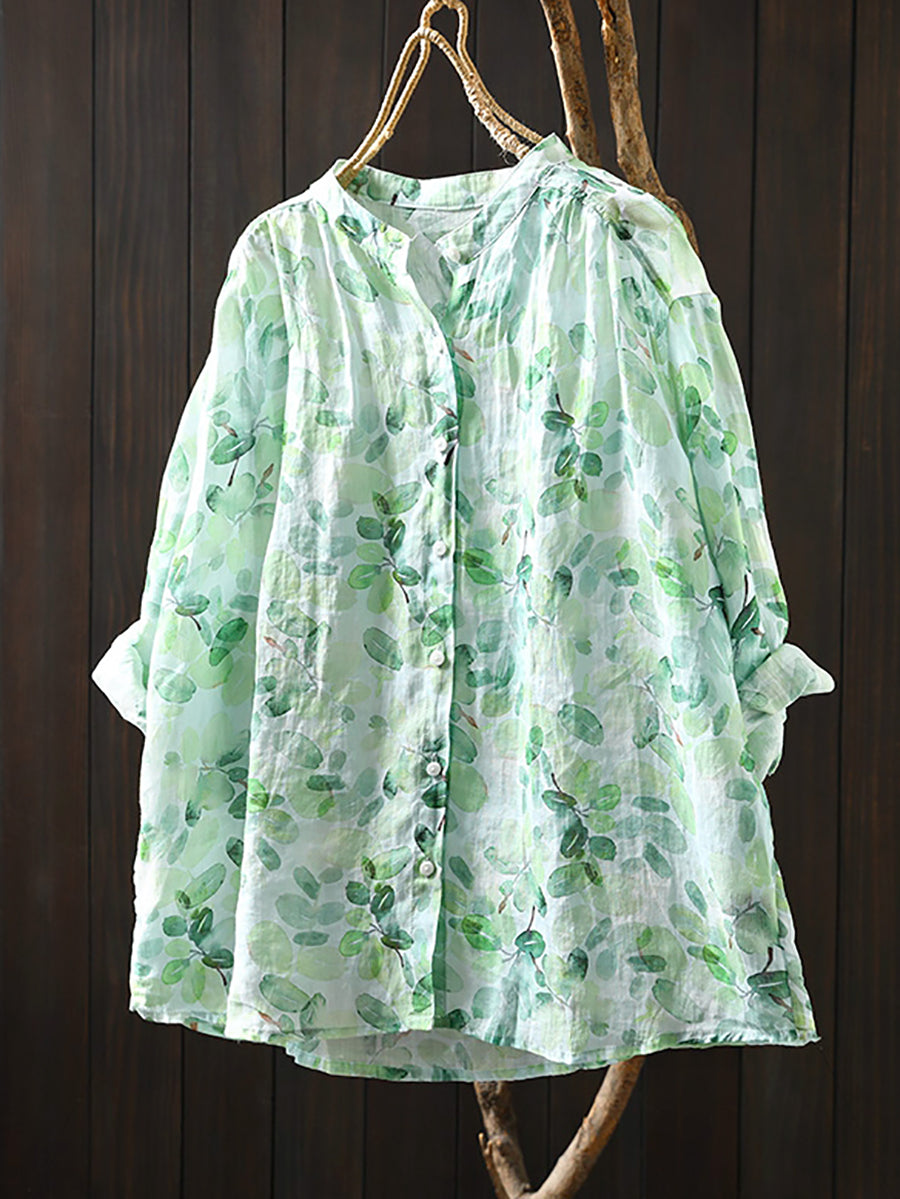 Flower Collar Shirt Women Summer 100%Ramie Stand Artsy FashionChic