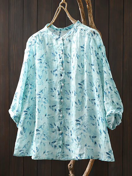 Flower Collar Shirt Women Summer 100%Ramie Stand Artsy FashionChic