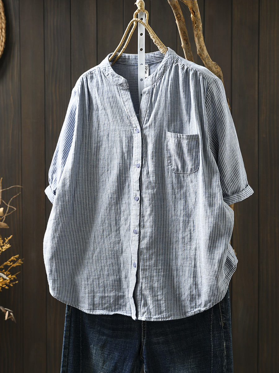 Summer Shirt Casual Stripe 100%Cotton Women V-Neck FashionChic