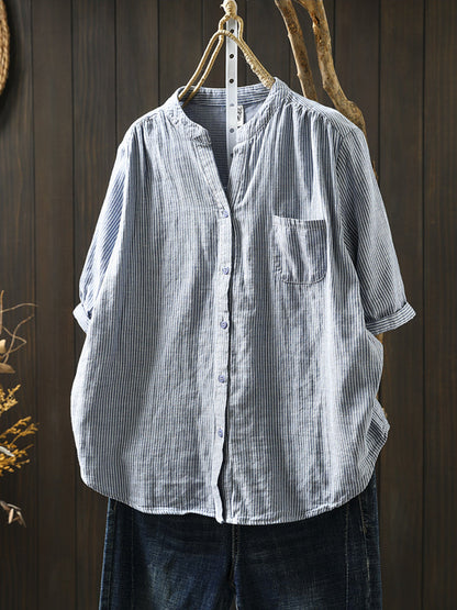 Summer Shirt Casual Stripe 100%Cotton Women V-Neck FashionChic