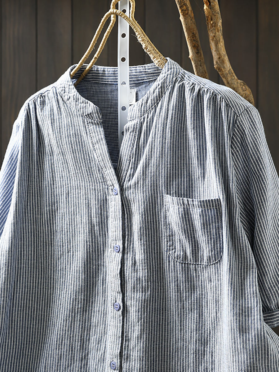 Summer Shirt Casual Stripe 100%Cotton Women V-Neck FashionChic