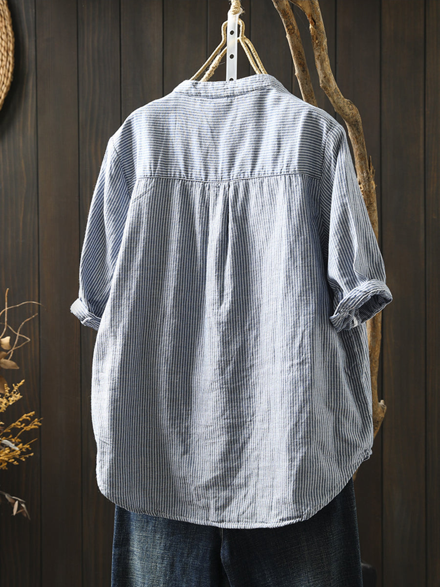 Summer Shirt Casual Stripe 100%Cotton Women V-Neck FashionChic