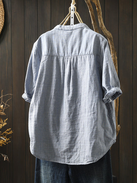 Summer Shirt Casual Stripe 100%Cotton Women V-Neck FashionChic