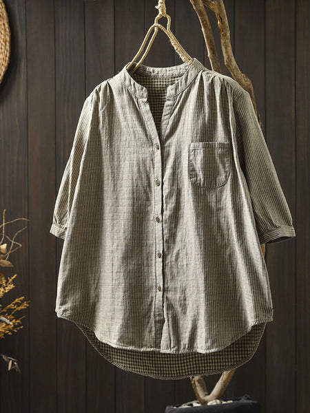 Summer Shirt Casual Stripe 100%Cotton Women V-Neck FashionChic