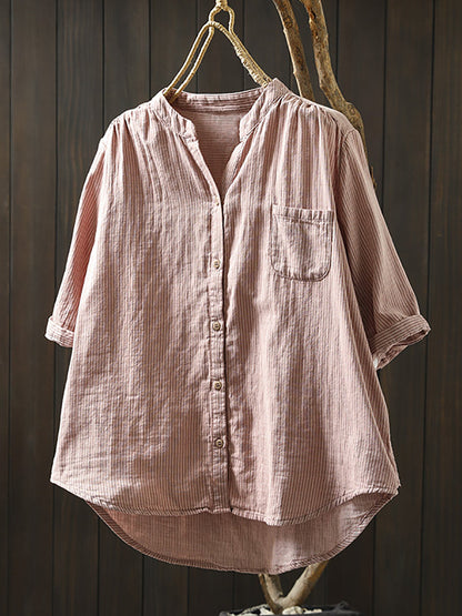 Summer Shirt Casual Stripe 100%Cotton Women V-Neck FashionChic