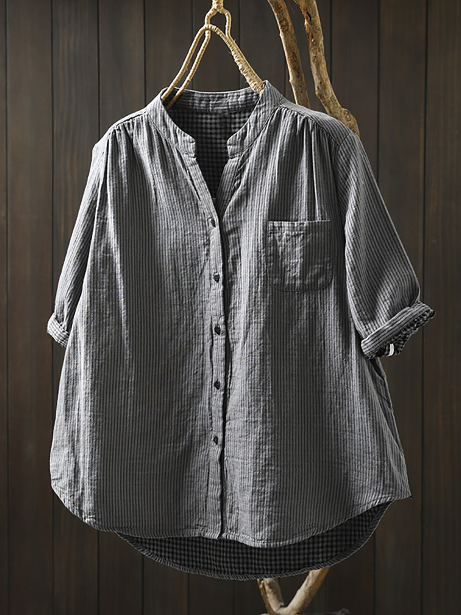 Summer Shirt Casual Stripe 100%Cotton Women V-Neck FashionChic