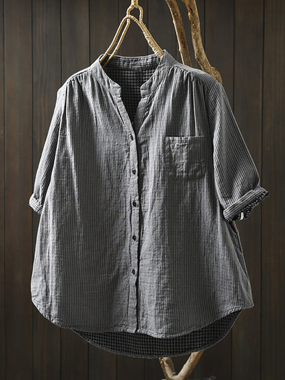 Summer Shirt Casual Stripe 100%Cotton Women V-Neck FashionChic