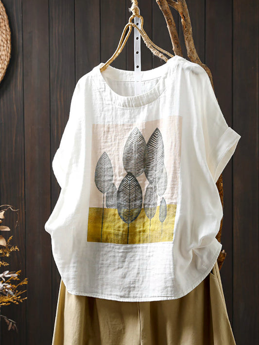 Shirt Summer Print Women Cotton O-Neck Casual FashionChic
