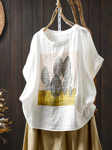 Shirt Summer Print Women Cotton O-Neck Casual FashionChic
