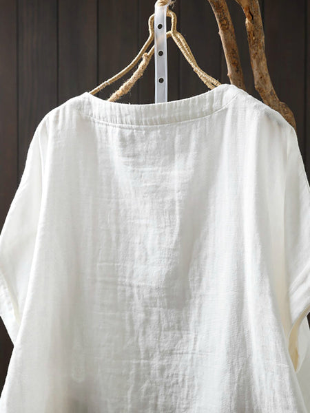 Shirt Summer Print Women Cotton O-Neck Casual FashionChic