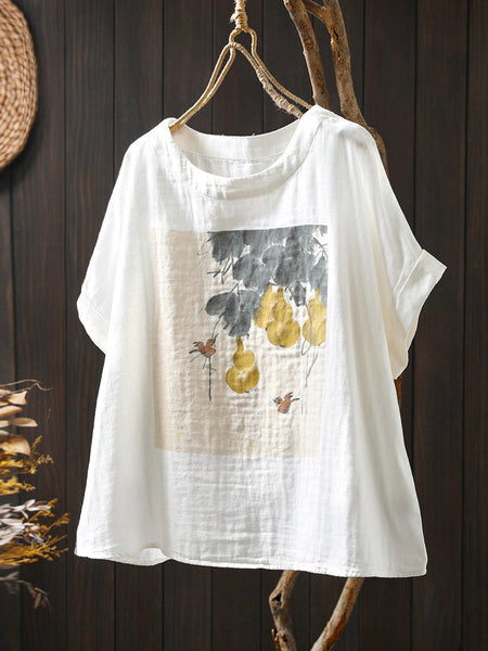 Shirt Summer Print Women Cotton O-Neck Casual FashionChic