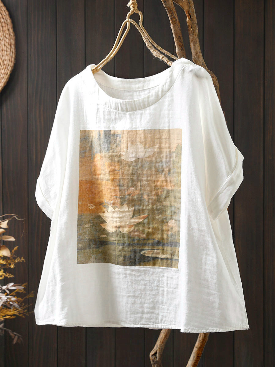 Shirt Summer Print Women Cotton O-Neck Casual FashionChic