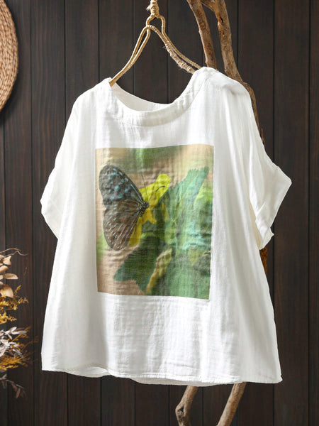 Shirt Summer Print Women Cotton O-Neck Casual FashionChic