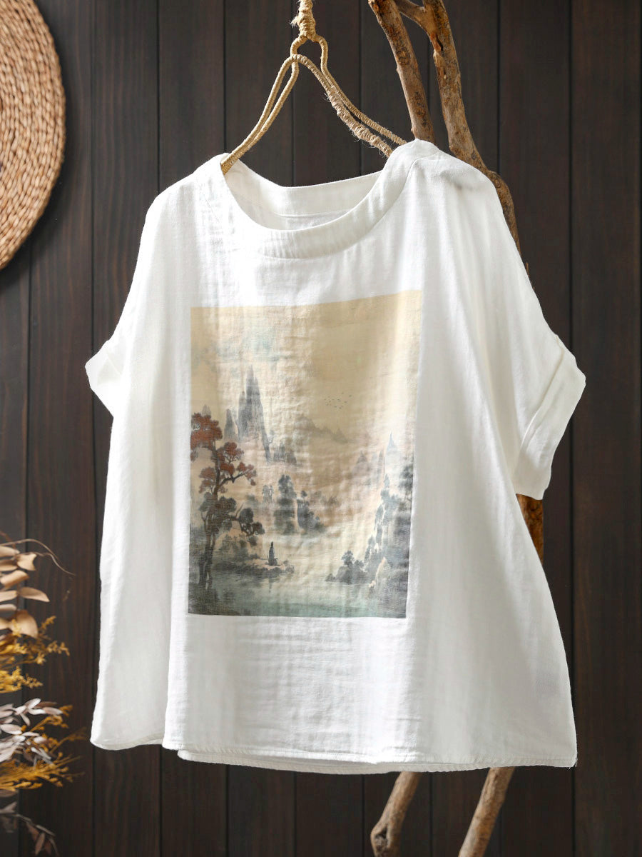 Shirt Summer Print Women Cotton O-Neck Casual FashionChic