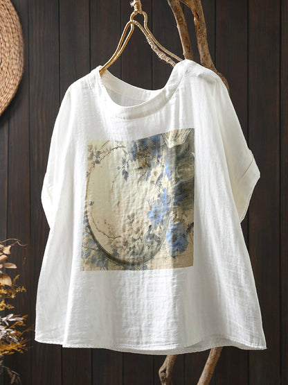 Shirt Summer Print Women Cotton O-Neck Casual FashionChic