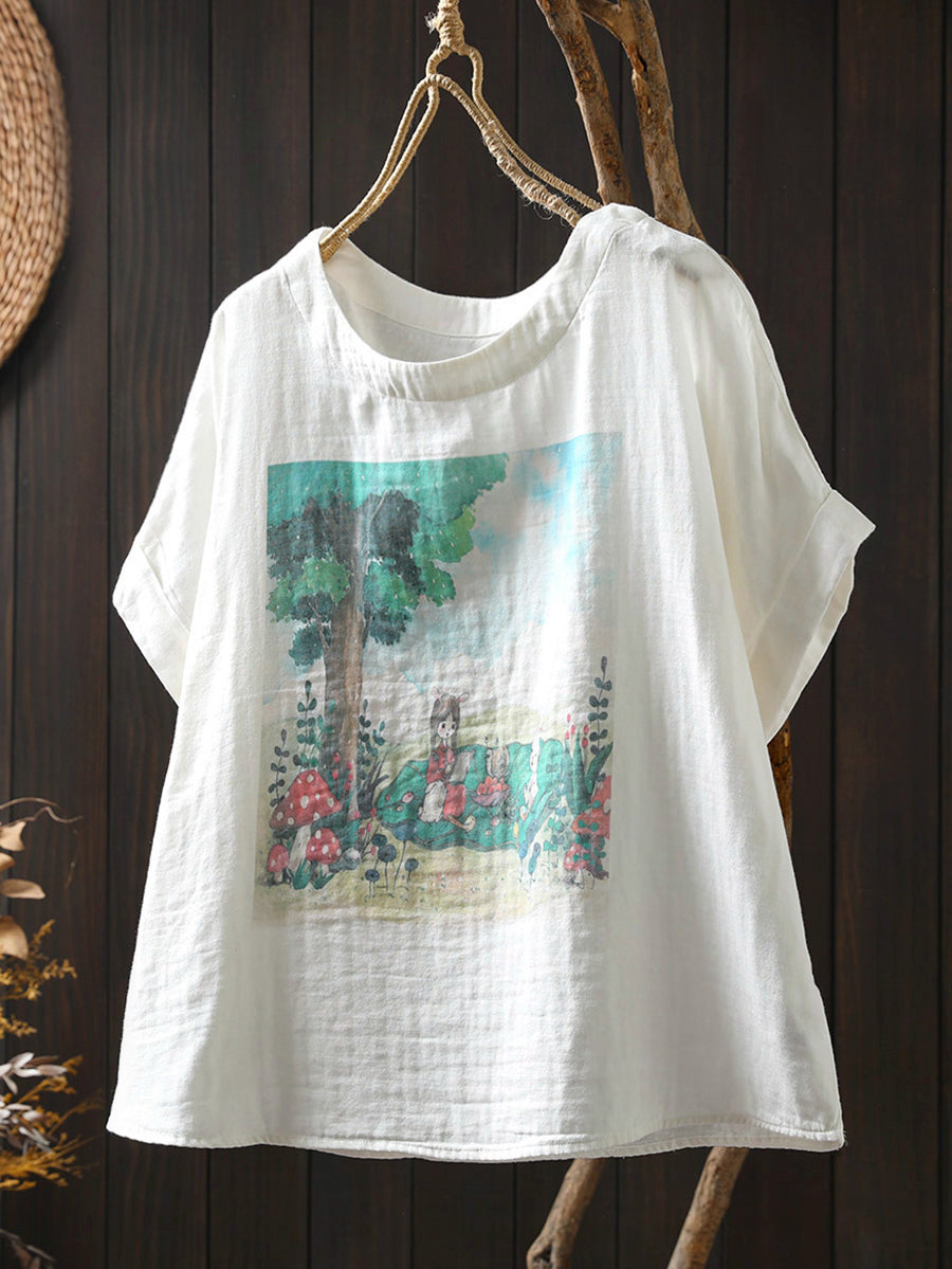 Shirt Summer Print Women Cotton O-Neck Casual FashionChic