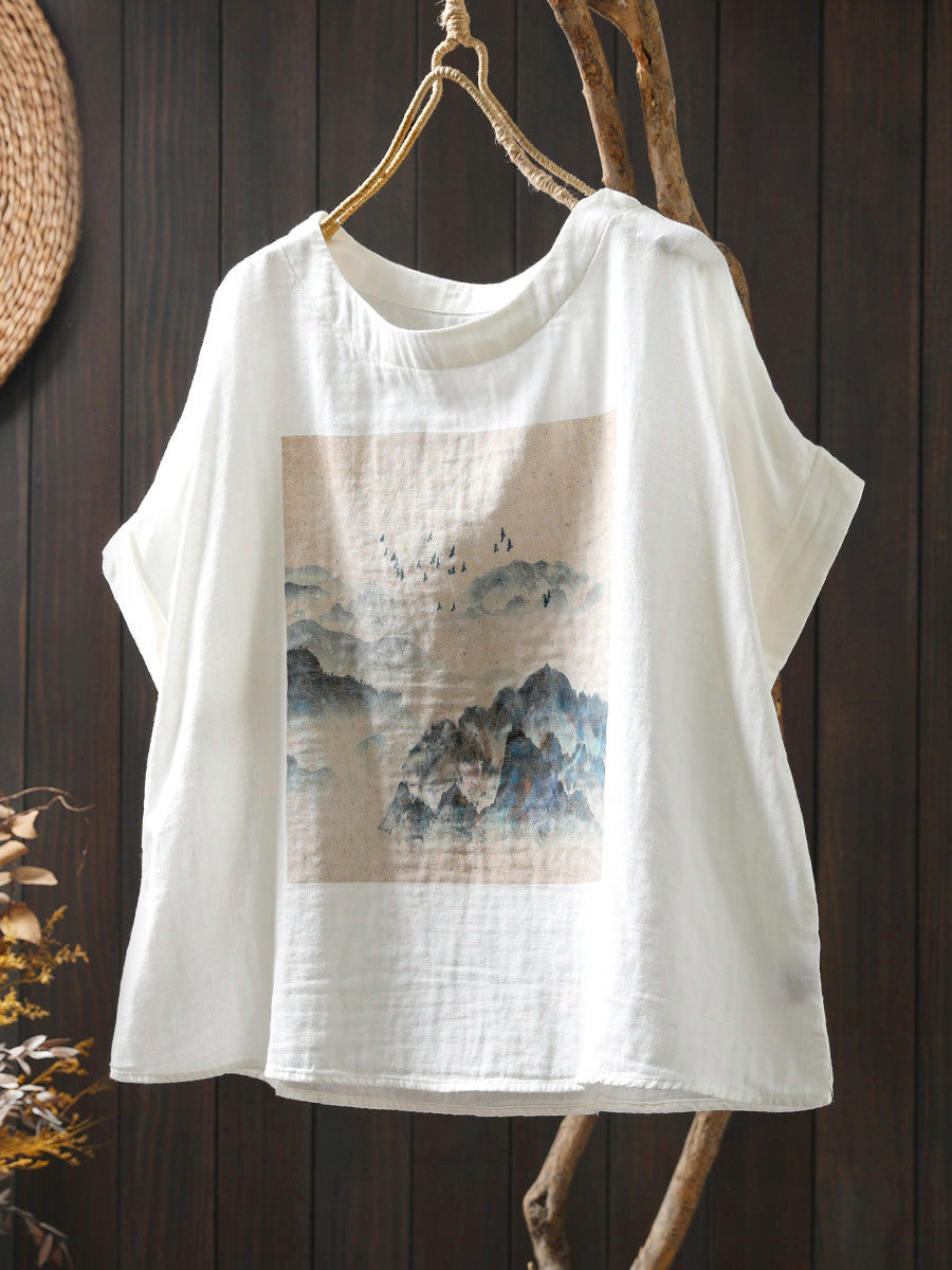 Shirt Summer Print Women Cotton O-Neck Casual FashionChic