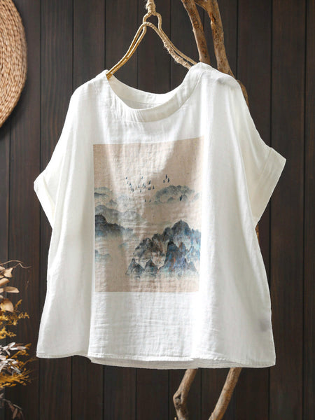 Shirt Summer Print Women Cotton O-Neck Casual FashionChic