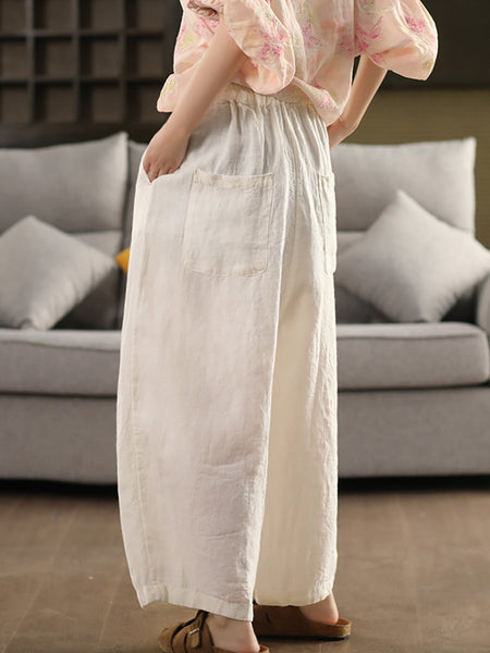 Pants Women Casual Summer Color 100%Linen Pure Wide-leg FashionChic