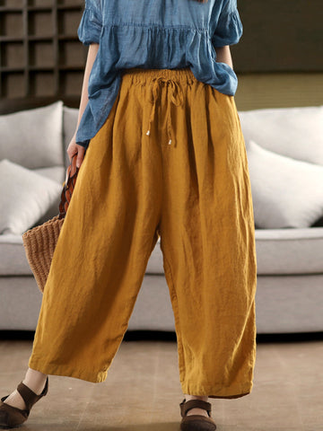 Pants Women Casual Summer Color 100%Linen Pure Wide-leg FashionChic