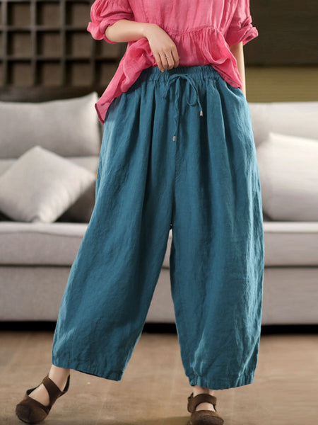 Pants Women Casual Summer Color 100%Linen Pure Wide-leg FashionChic