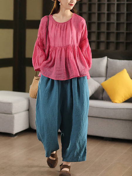 Pants Women Casual Summer Color 100%Linen Pure Wide-leg FashionChic