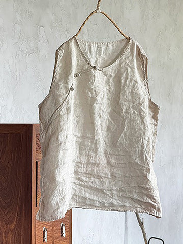Women Pure Vest 100%Linen Summer O-Neck Color FashionChic
