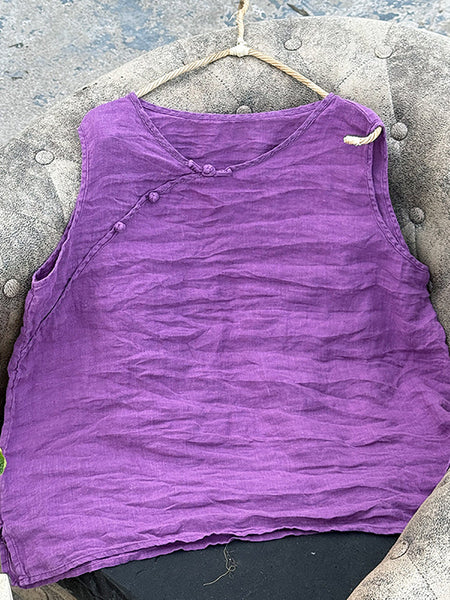 Women Pure Vest 100%Linen Summer O-Neck Color FashionChic