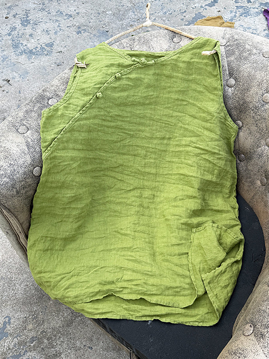 Women Pure Vest 100%Linen Summer O-Neck Color FashionChic