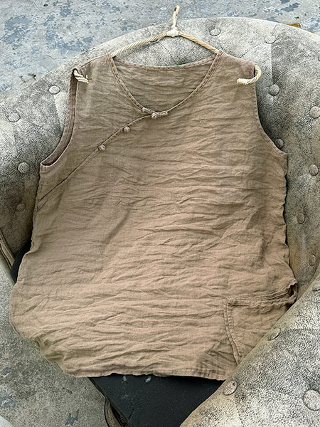 Women Pure Vest 100%Linen Summer O-Neck Color FashionChic