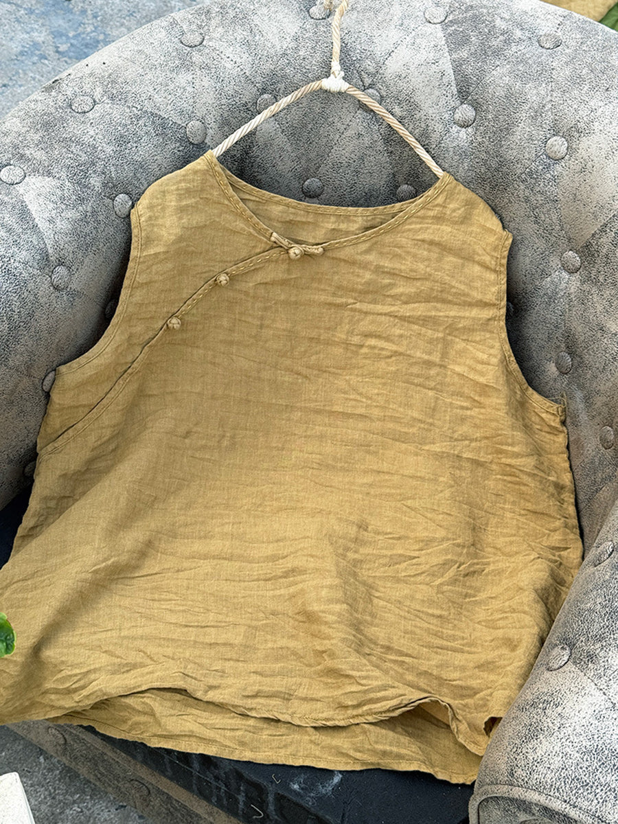 Women Pure Vest 100%Linen Summer O-Neck Color FashionChic