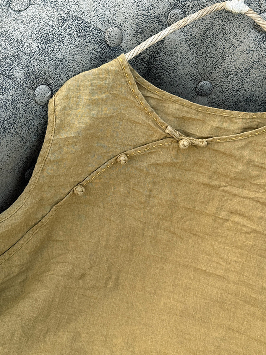 Women Pure Vest 100%Linen Summer O-Neck Color FashionChic