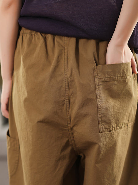 Pure Color Casual 100%Cotton Cropped Pants Women FashionChic