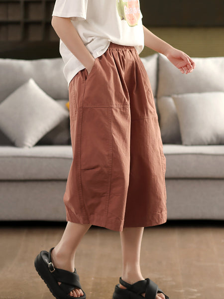 Pure Color Casual 100%Cotton Cropped Pants Women FashionChic