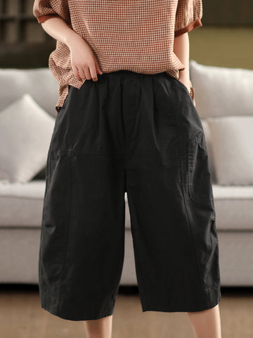 Pure Color Casual 100%Cotton Cropped Pants Women FashionChic