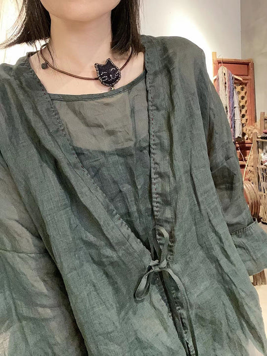 Pure Shirt Women V-Neck Ramie Summer Vintage Color FashionChic