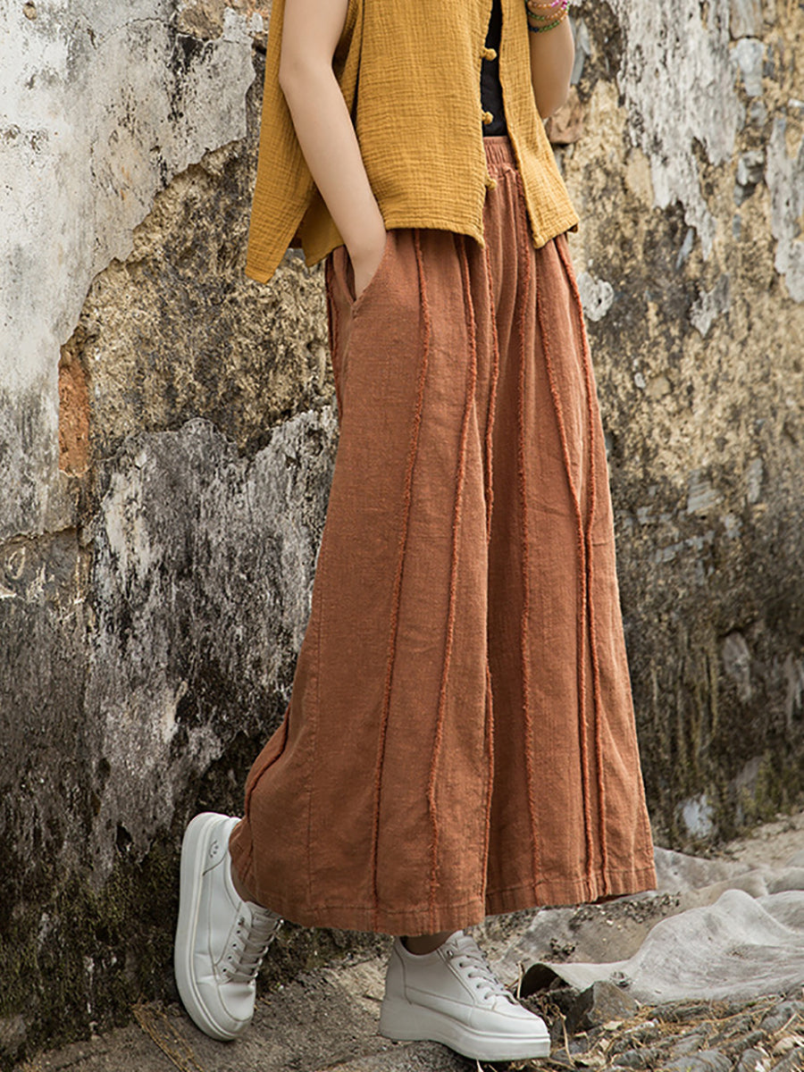 Wide-leg Ramie Summer Women Pants Raw-edge Worn FashionChic