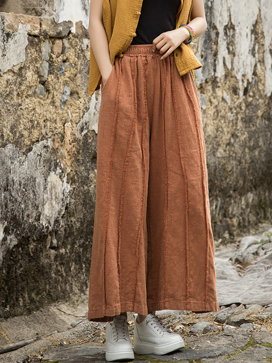 Wide-leg Ramie Summer Women Pants Raw-edge Worn FashionChic