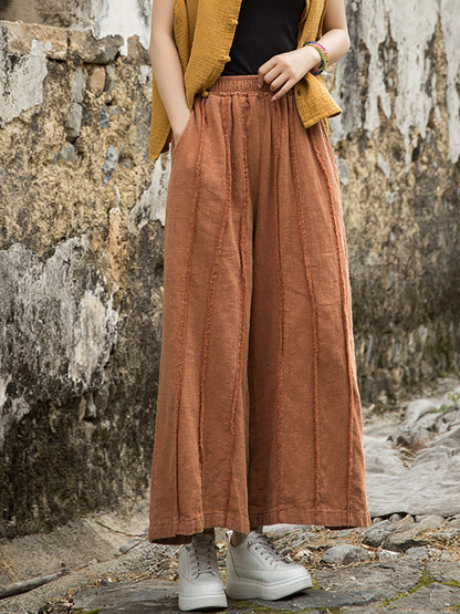 Wide-leg Ramie Summer Women Pants Raw-edge Worn FashionChic