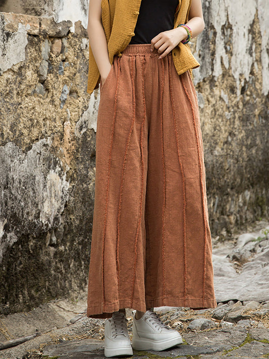 Wide-leg Ramie Summer Women Pants Raw-edge Worn FashionChic